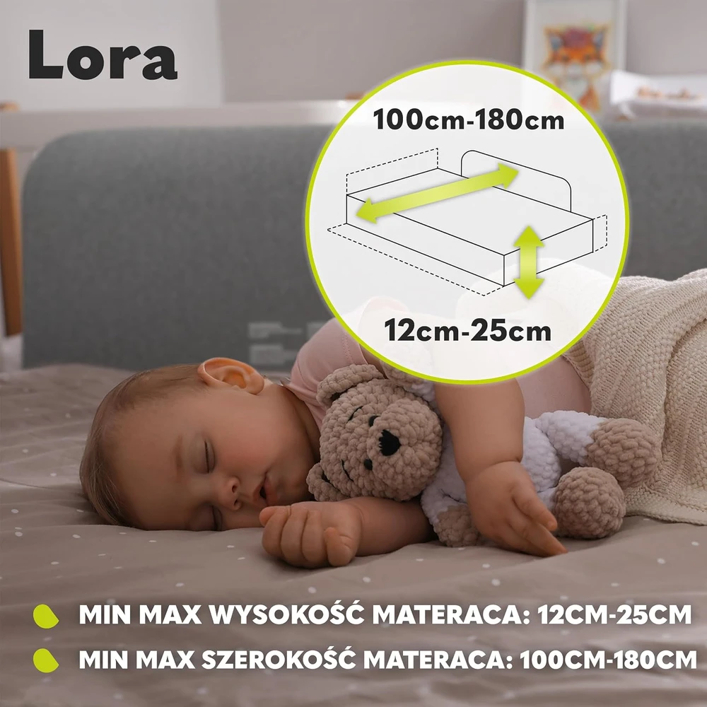Lionelo lovos apsauginė tvorelė vaikams 45 × 105 cm, 180° reguliavimas, LO-LORA Pilkas STONE