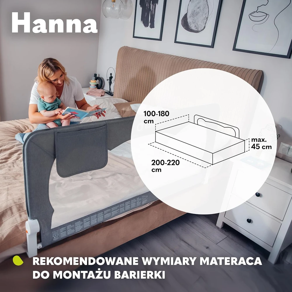 Lionelo lovos apsauginis turėklas Hanna 150 × 66 cm, pilkas LO-HANNA