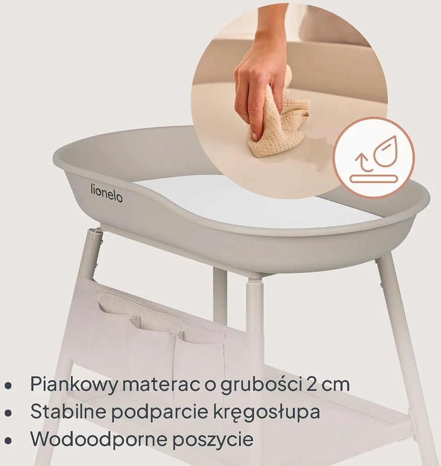 Lionelo mobilus kūdikių vystymo staliukas Rosie su reguliuojamu aukščiu ir stabdomais ratukais