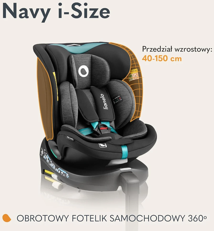 Lionelo pasukama automobilinė kėdutė Navy i-Size 40–150 cm, ISOFIX, LONAVY ISIZE Juodas TURQUOISE
