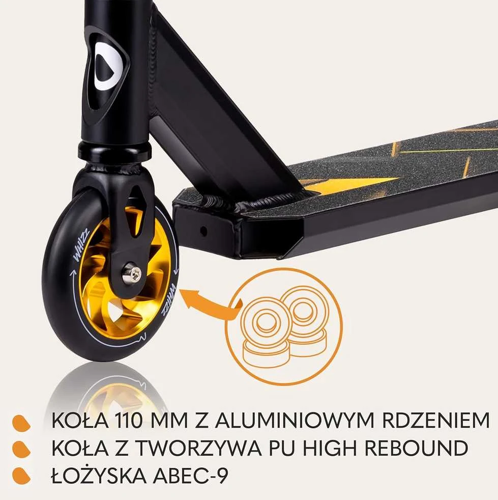 Lionelo triukinis paspirtukas, aliuminis, ABEC-9 guoliai, 110 mm ratai, iki 100 kg, LO-WHIZZ Juodas CARBON Geltonas