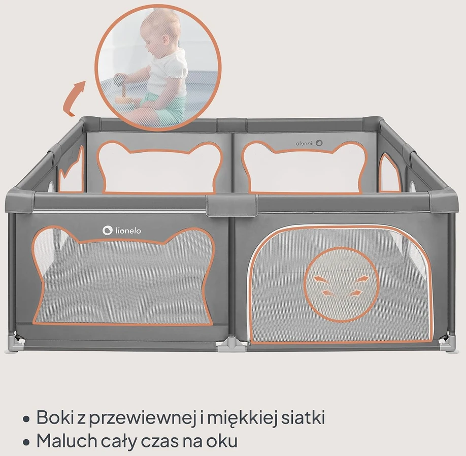 Lionelo vaikiškas sulankstomas maniežas Willow XL 207 × 187 × 68 cm, pilkas