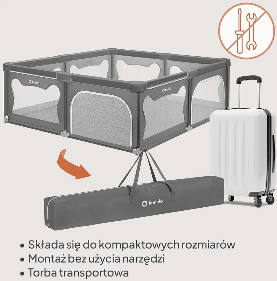 Lionelo vaikiškas sulankstomas maniežas Willow XL 207 × 187 × 68 cm, pilkas