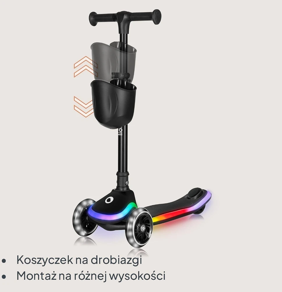 Lionelo vaikiškas triratis balansinis paspirtukas Mey su LED ratais iki 50 kg LO-MEY Juodas ONYX