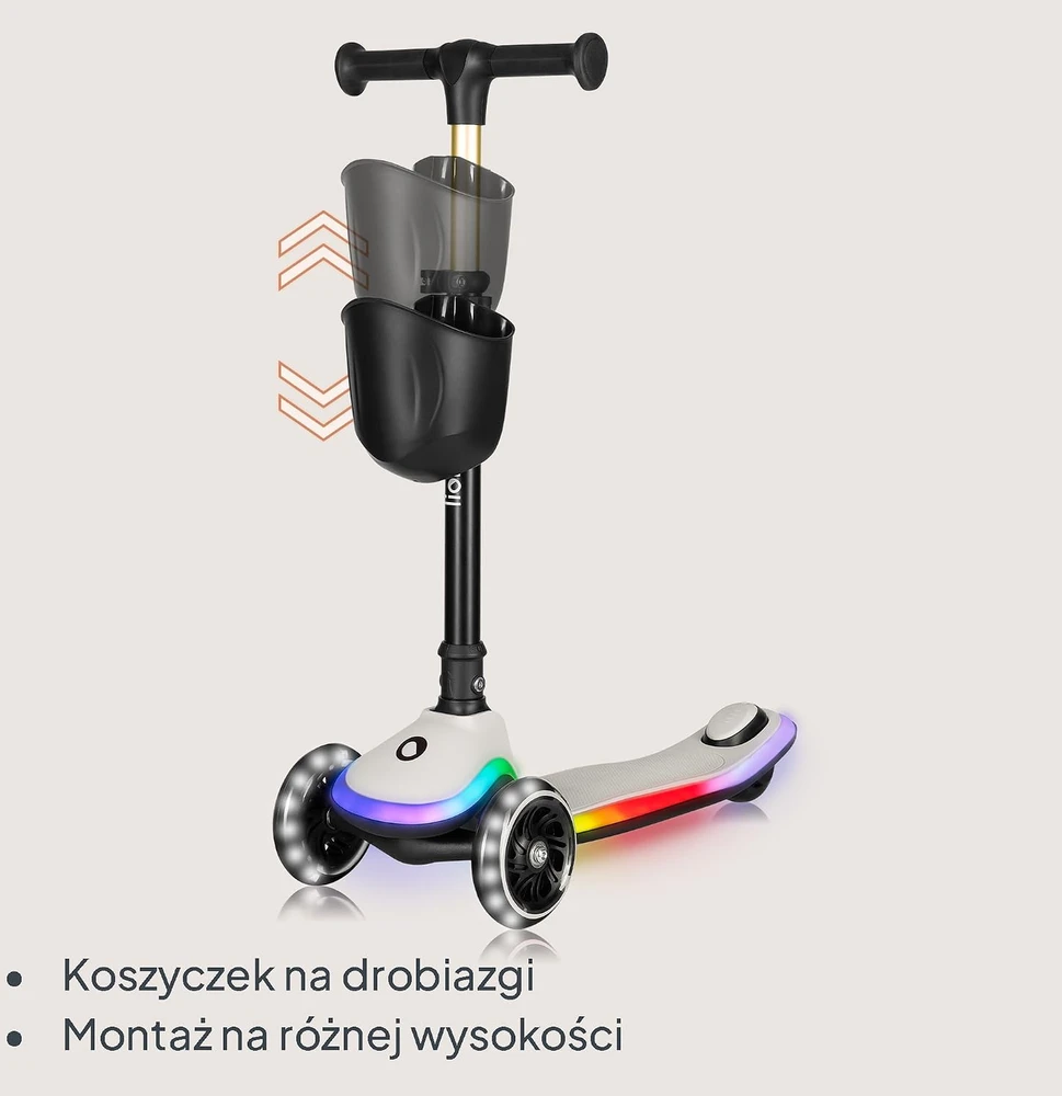 Lionelo vaikiškas triratis balansinis paspirtukas Mey su LED apšvietimu, iki 50 kg, LO-MEY BEIGE SAND