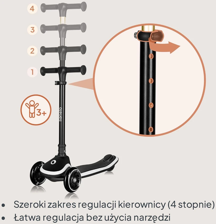 Lionelo vaikiškas triratis balansinis paspirtukas Mey su LED ratais iki 50 kg LO-MEY Juodas ONYX