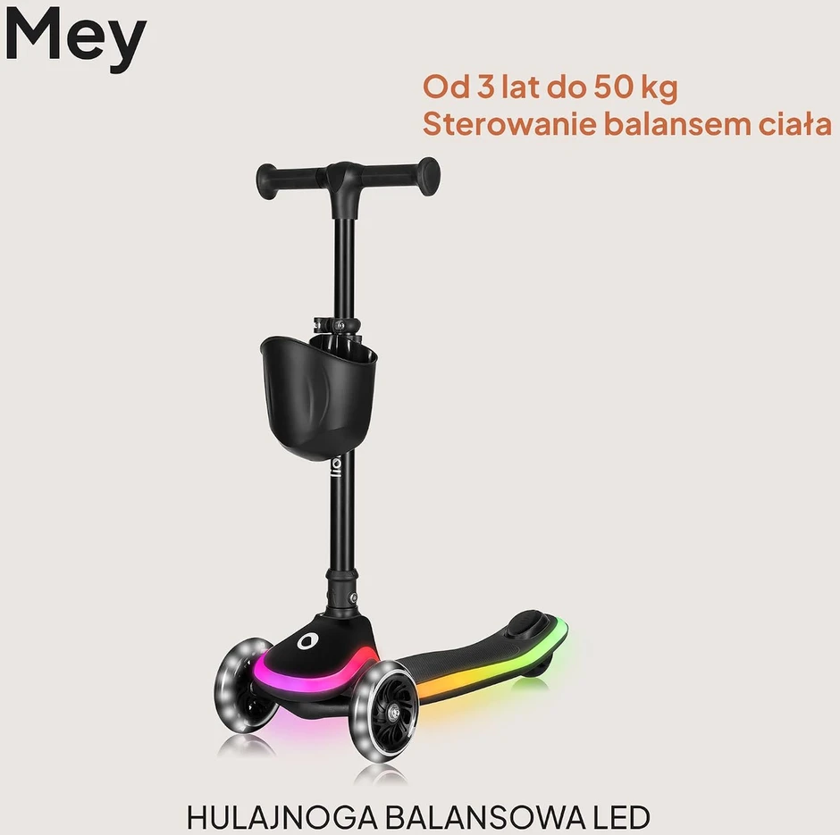Lionelo vaikiškas triratis balansinis paspirtukas Mey su LED ratais iki 50 kg LO-MEY Juodas ONYX