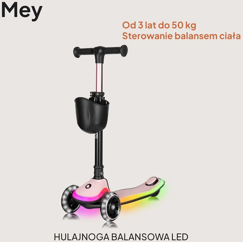 Lionelo vaikiškas triratis paspirtukas Mey su LED ratais, iki 50 kg, rožinis