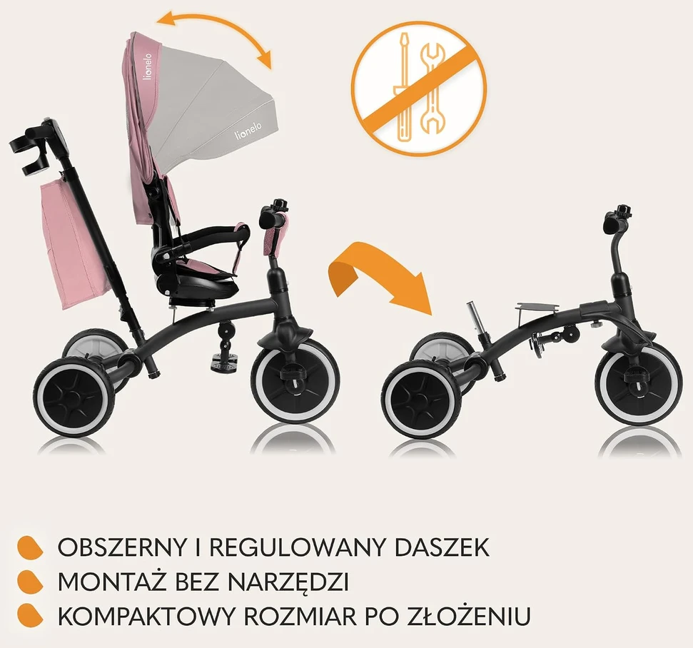 Lionelo vaikiškas triratukas Tris Plus, 9 mėn.–5 m., iki 25 kg, rožinis