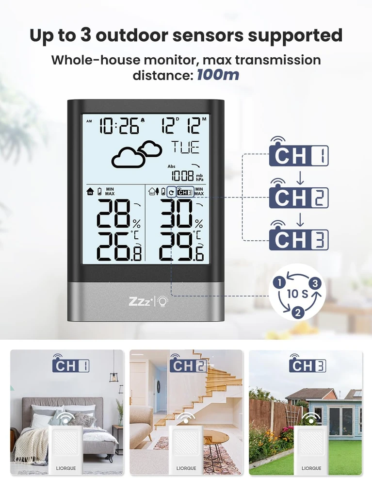 LIORQUE belaidė meteorologinė stotelė su lauko jutikliu ir 4.3 col. LCD YGH6208