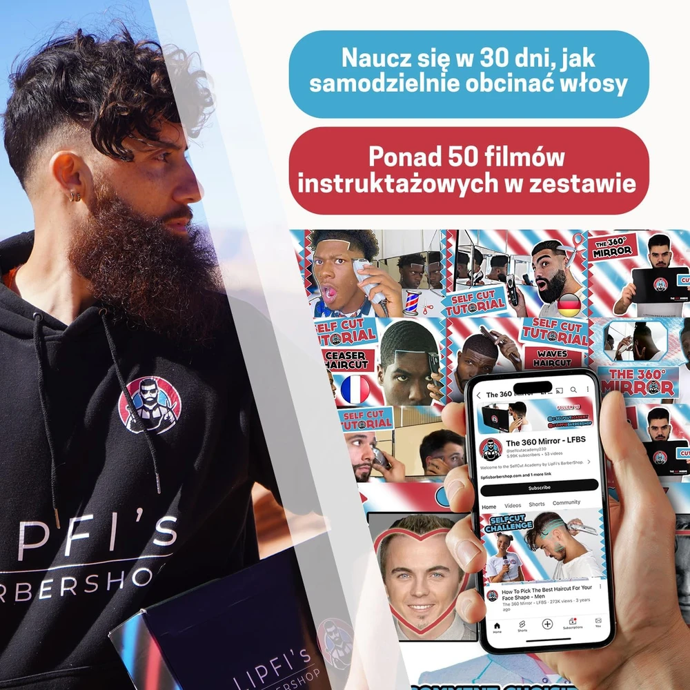 LIPFISBARBERSHOP.COM trijų dalių kirpimo veidrodis su LED apšvietimu ir 360° vaizdu