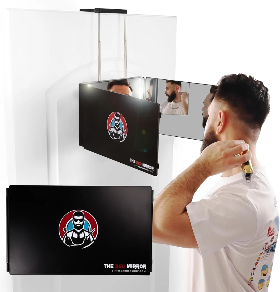 LIPFISBARBERSHOP.COM trijų dalių kirpimo veidrodis su LED apšvietimu ir 360° vaizdu