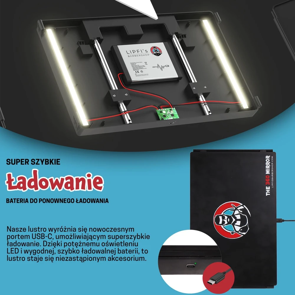 LIPFISBARBERSHOP.COM trijų dalių kirpimo veidrodis su LED apšvietimu ir 360° vaizdu