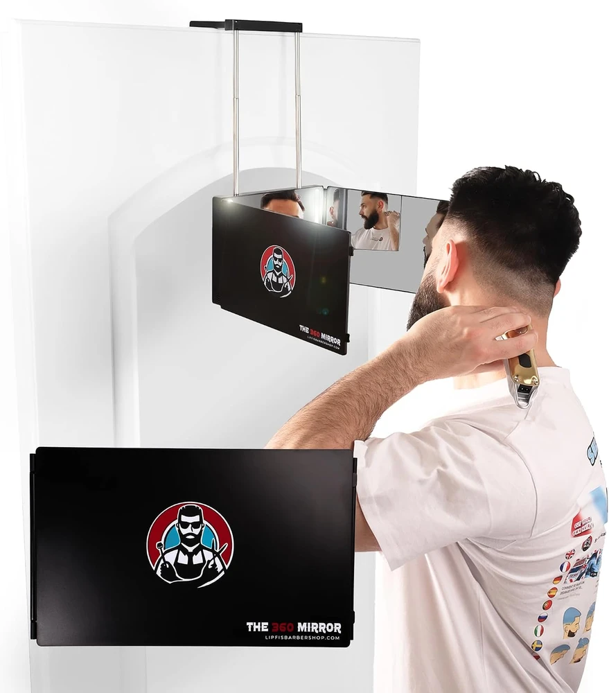 LIPFISBARBERSHOP.COM trijų dalių LED veidrodis plaukų kirpimui su 360° vaizdu