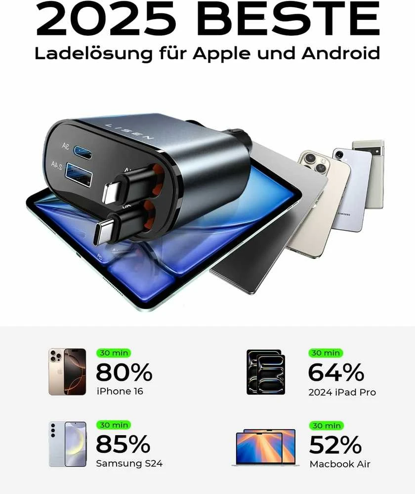 LISEN 69 W automobilinis USB-A ir USB-C įkroviklis su ištraukiamu USB-C kabeliu, 4 portų, pilkas