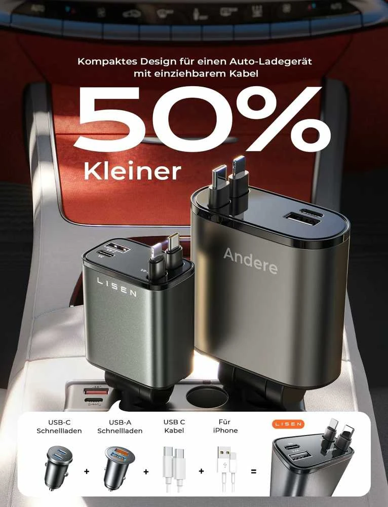 LISEN 69 W automobilinis USB-A ir USB-C įkroviklis su ištraukiamu USB-C kabeliu, 4 portų, pilkas