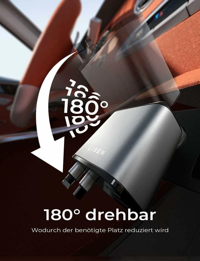 LISEN 69 W automobilinis USB-A ir USB-C įkroviklis su ištraukiamu USB-C kabeliu, 4 portų, pilkas