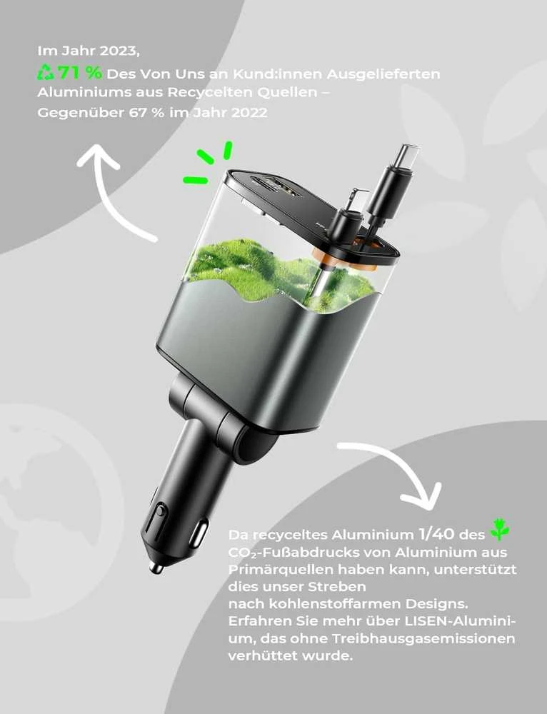 LISEN 69 W automobilinis USB-A ir USB-C įkroviklis su ištraukiamu USB-C kabeliu, 4 portų, pilkas