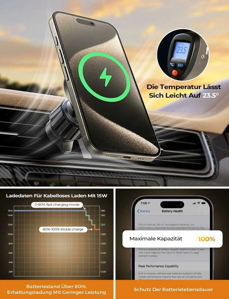 LISEN MagSafe automobilinis telefono laikiklis su bevieliu 15 W įkrovimu, USB-C, juodas