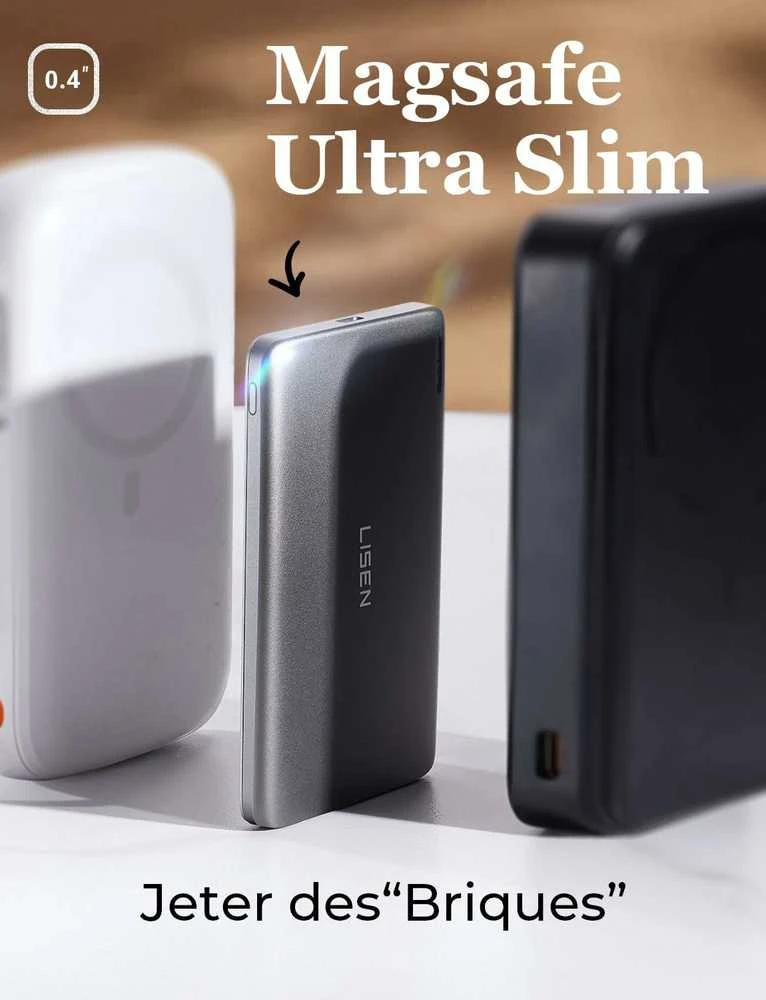 LISEN MagSafe išorinis akumuliatorius iPhone, 5000 mAh, itin plonas, pilkas titano