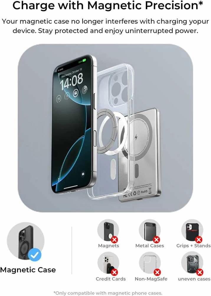 LISEN MagSafe itin plonas magnetinis powerbank 5000 mAh, bevielė kortelės tipo baterija iPhone