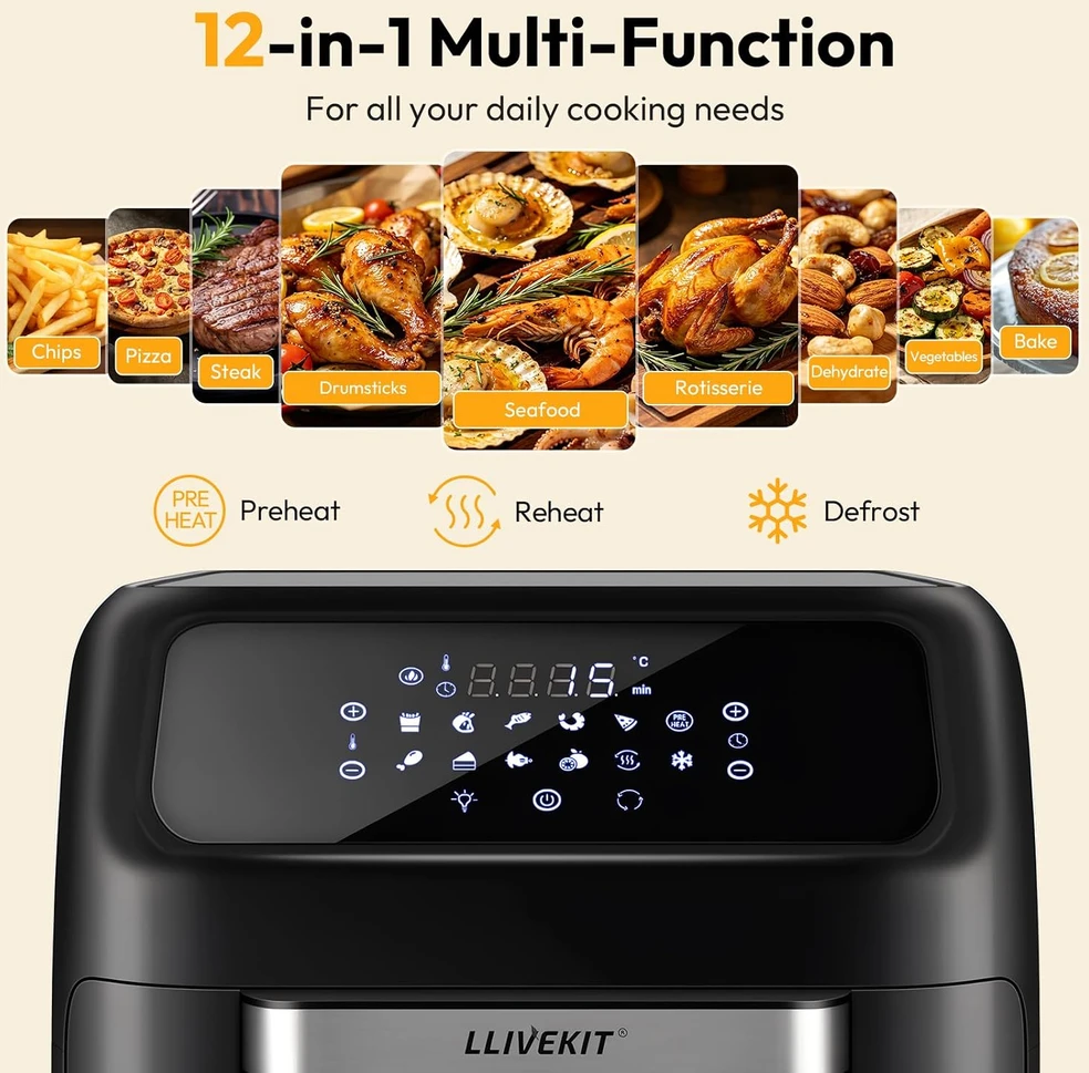 LLIVEKIT karšto oro gruzdintuvė 12 l, 1800 W su skaitmeniniu valdymu LIVE16