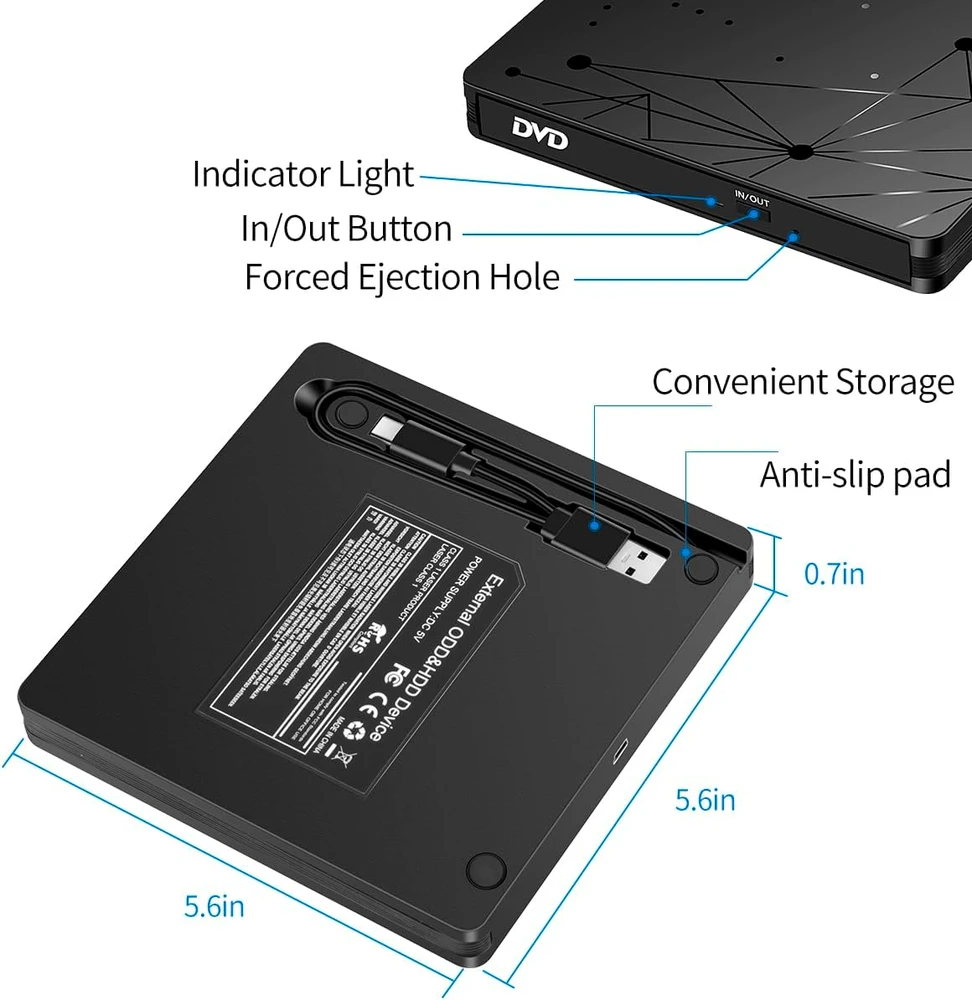 LMEN išorinis CD/DVD įrenginys su USB 3.0 ir USB-C, iki 5 Gb/s, BT520