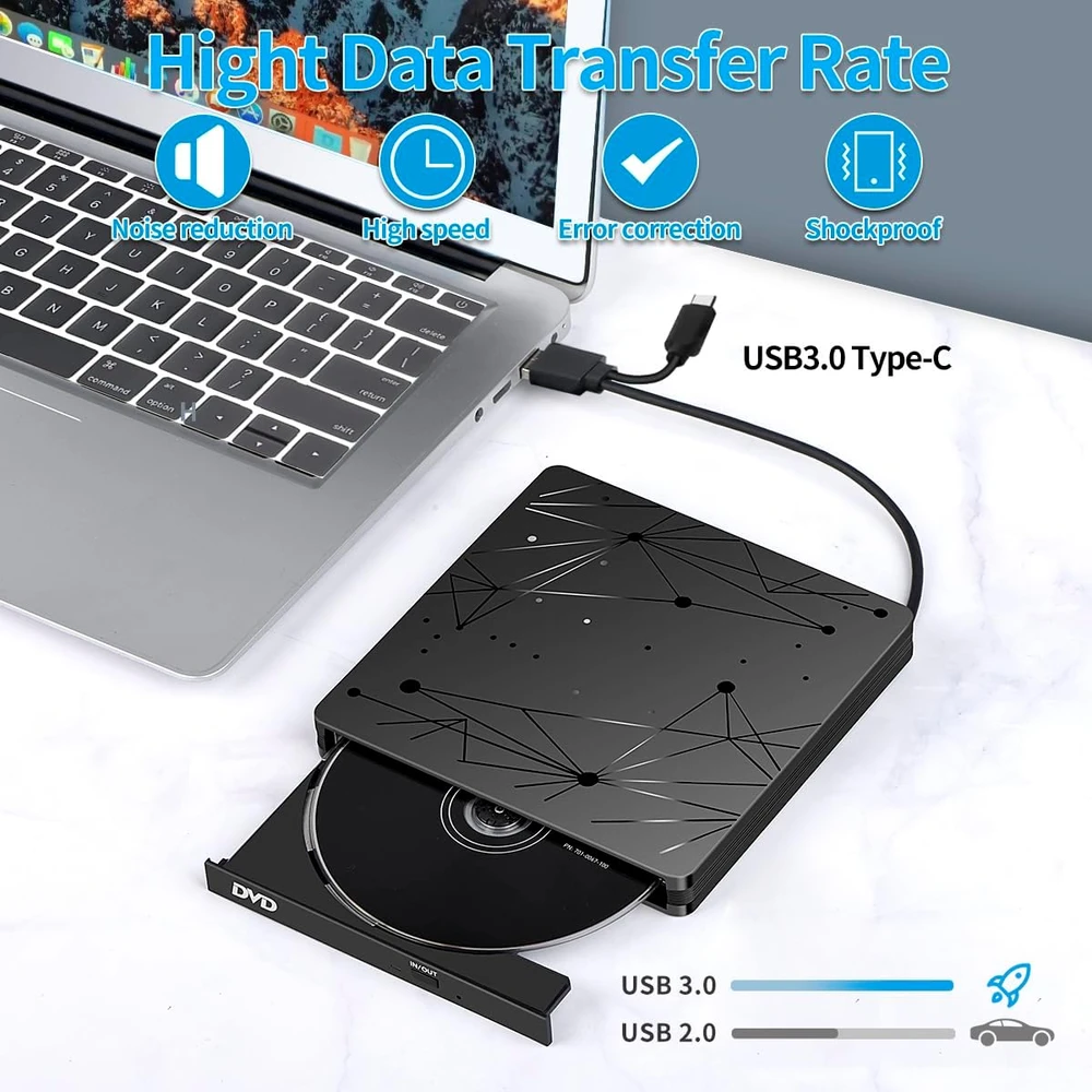 LMEN išorinis CD/DVD įrenginys su USB 3.0 ir USB-C, iki 5 Gb/s, BT520