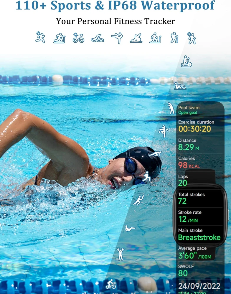 LODIMEKE išmanusis laikrodis Bluetooth, IP68, 1.83 col., pulsometras, IDW26