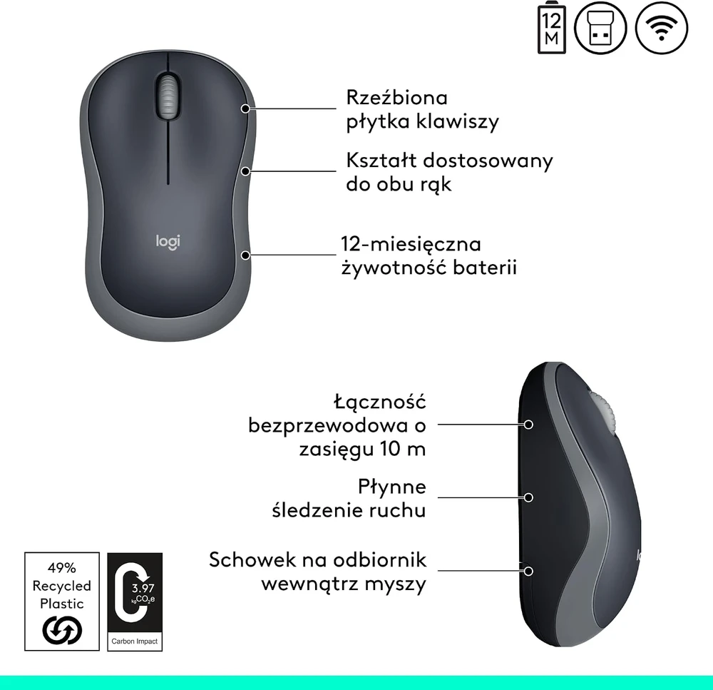 Logitech belaidė optinė pelė 2,4 GHz su USB imtuvu, 1000 DPI, pilka M185
