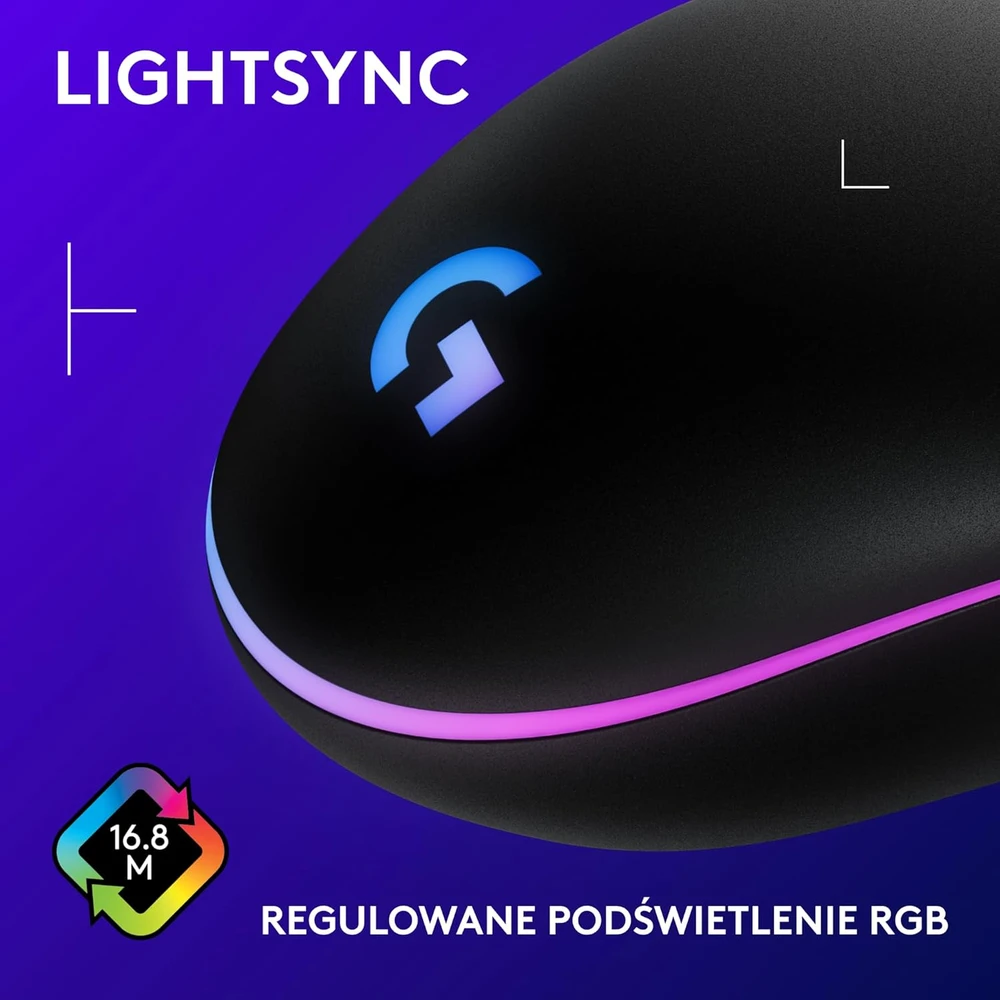 Logitech G203 LIGHTSYNC su laidu žaidimų pelė, 8000 DPI, RGB apšvietimas, 6 programuojami mygtukai, juoda