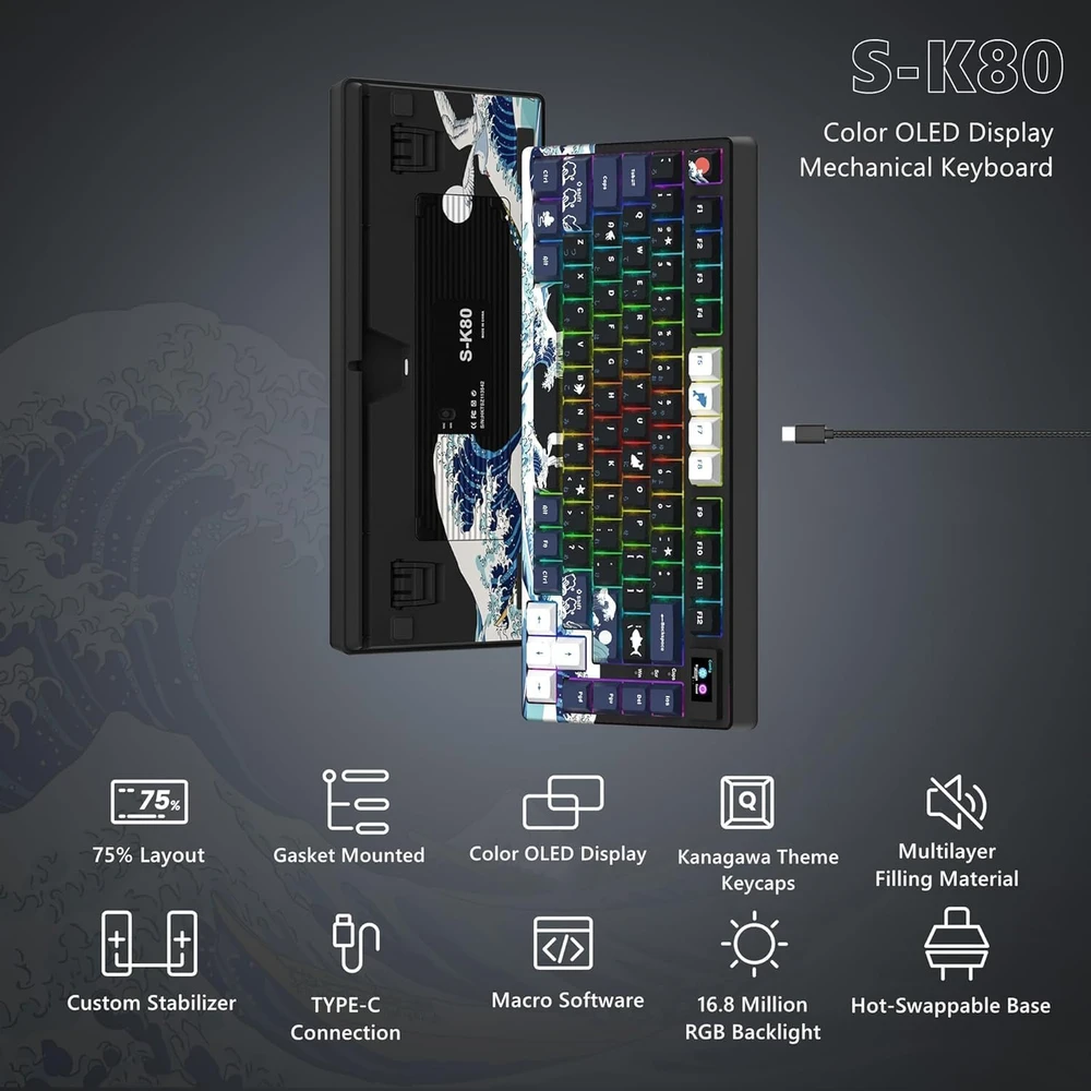LQXQ mechaninė žaidimų klaviatūra 75 %, USB-C, RGB, Hot-Swap SK80
