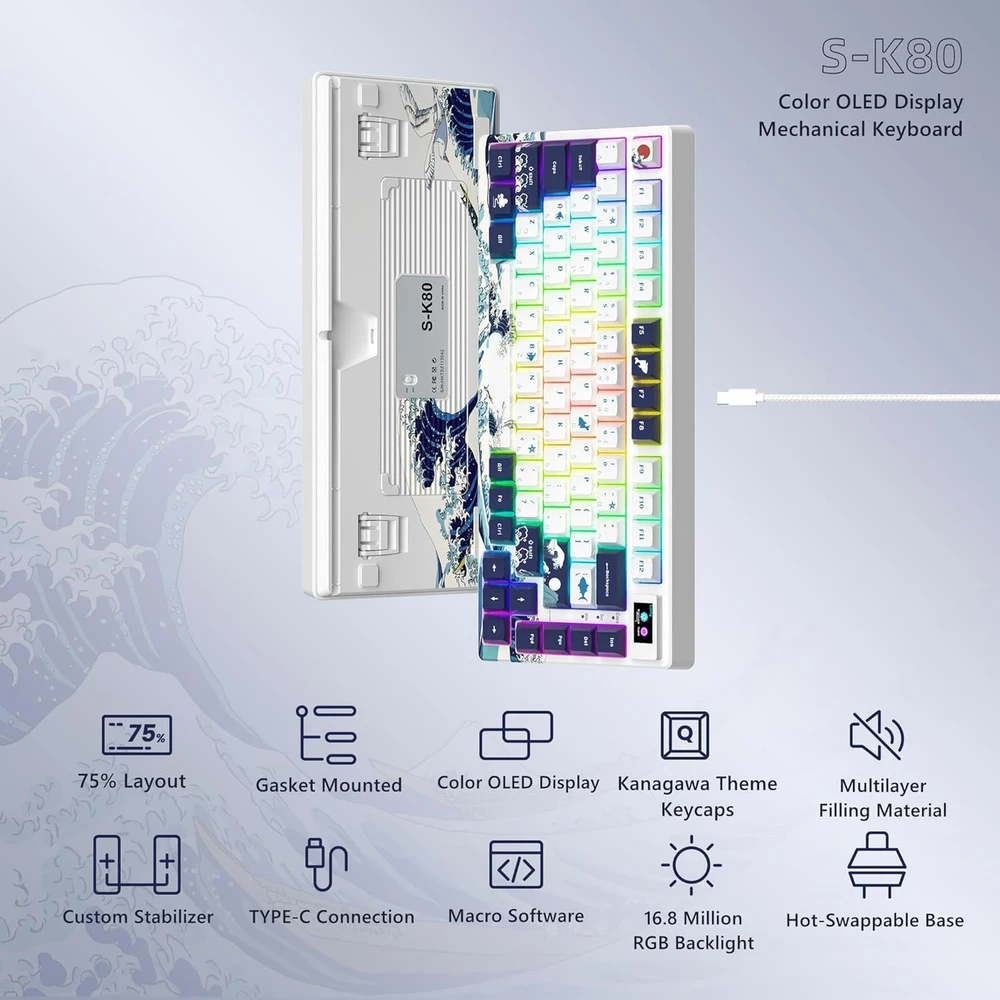 LQXQ mechaninė žaidimų klaviatūra SK80, 75 %, RGB, USB-C, keičiamais jungikliais