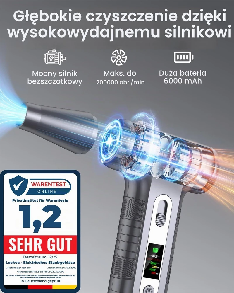 LUCKEA elektrinis dulkių pūstuvas 200 000 aps./min., 6000 mAh, USB-C, W06