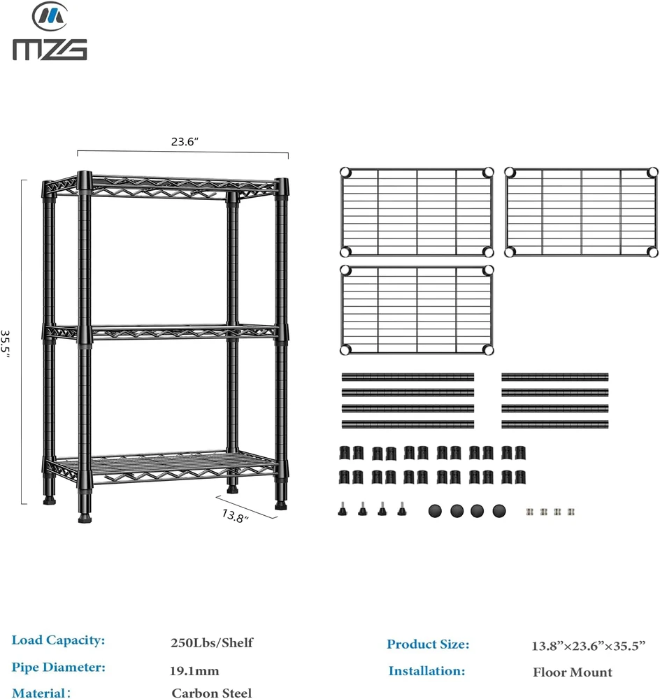 M MZG metalinis stelažas su 3 reguliuojamomis vielinėmis lentynomis, 35 × 60 × 90,2 cm, A356090AK302-EU