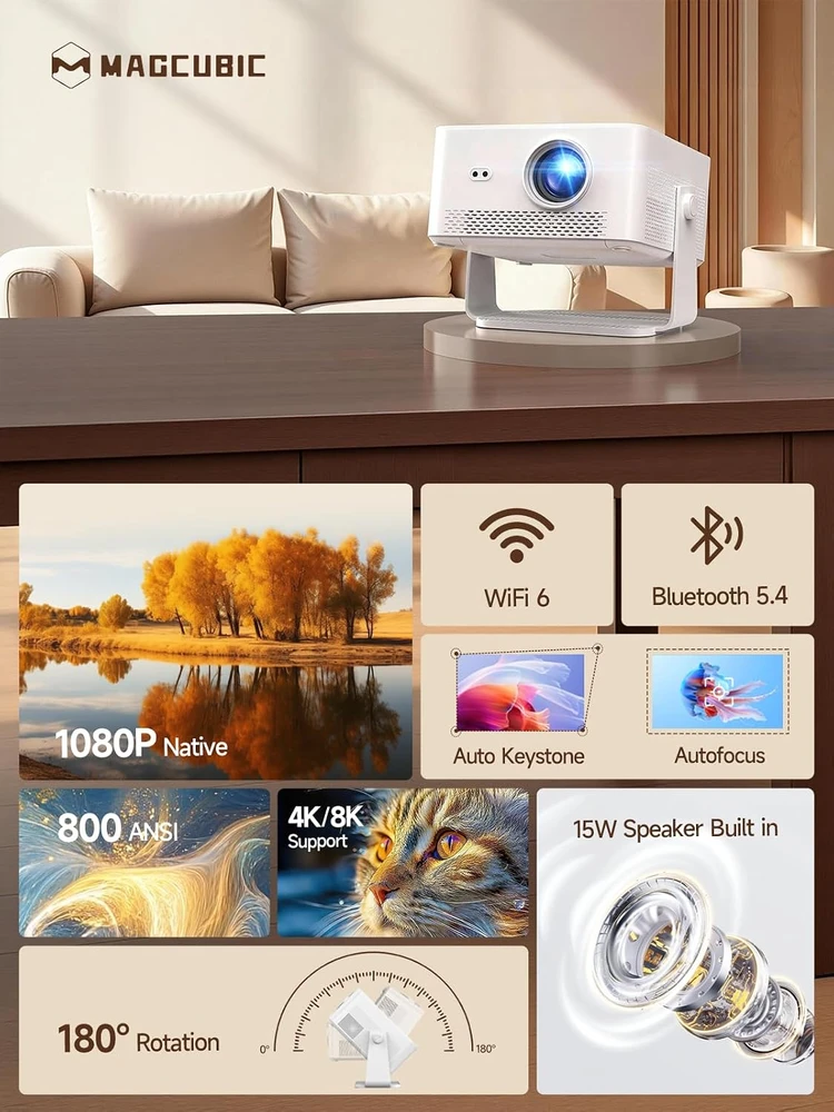 Magcubic nešiojamasis projektorius 1080p, 800 ANSI lm, Wi-Fi 6, Bluetooth 5.4 HY450MAX