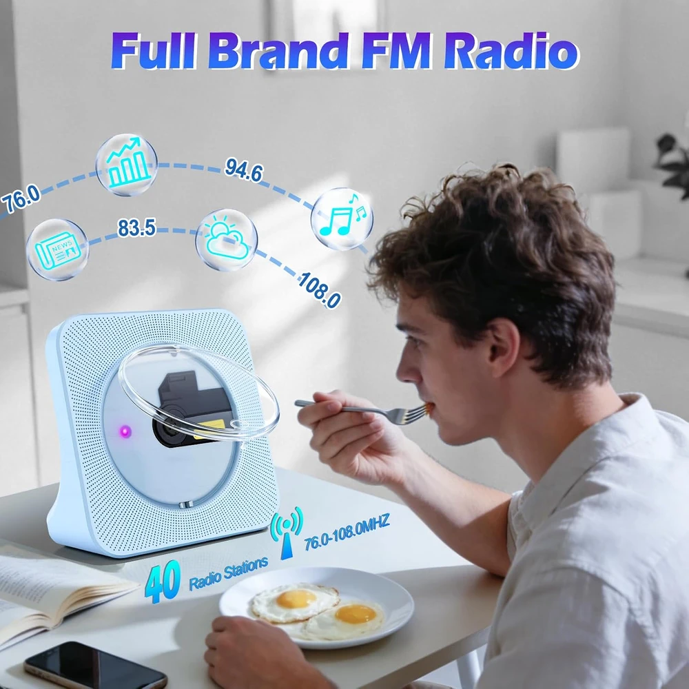MAITE nešiojamas CD grotuvas su Bluetooth 5.0, FM radiju ir USB, MTEU MT-CDPEU-SD-BSE