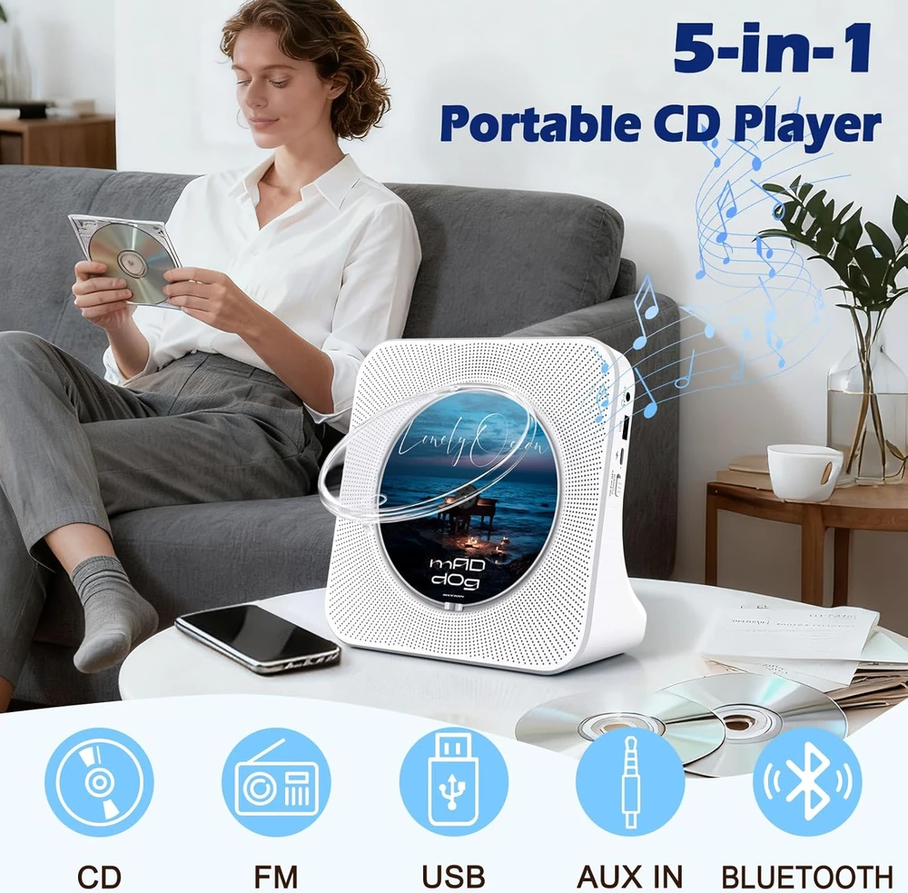 MAITE nešiojamas CD grotuvas su Bluetooth, FM radiju ir 3 W garsiakalbiais MT-CDPEU-SD