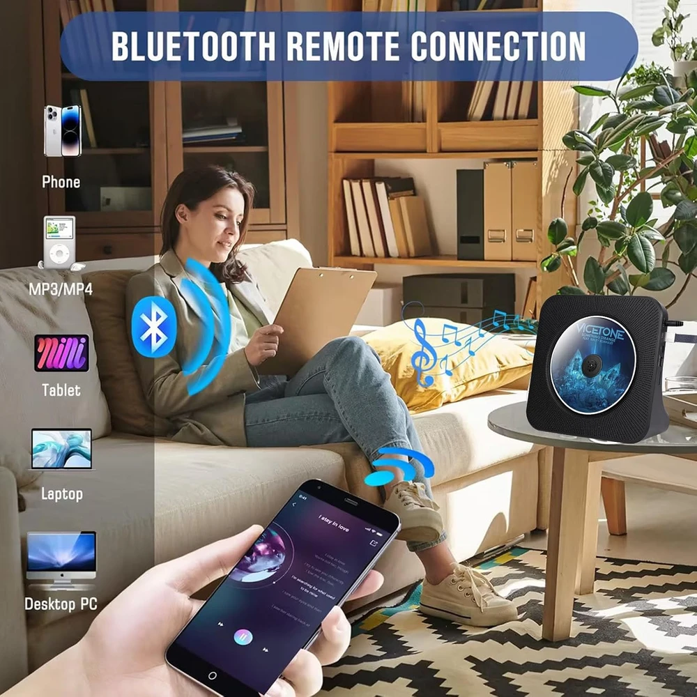 MAITE nešiojamas CD grotuvas su Bluetooth 5.0, FM radiju ir HiFi garsiakalbiais MT-CDPEU-SD BLK