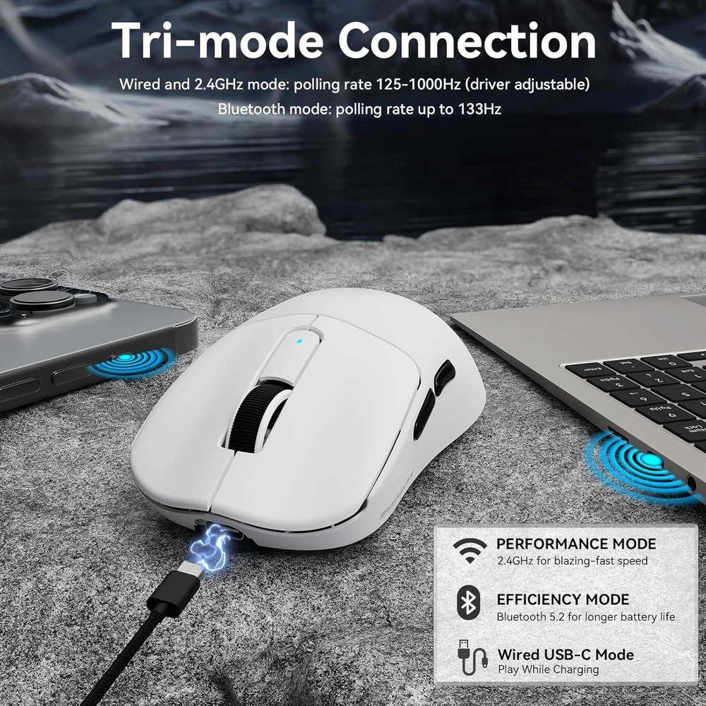 MAMBASNAKE belaidė žaidimų pelė 39 g, PixArt PAW3395PRO jutiklis, BT/2.4G/USB-C, balta, M3
