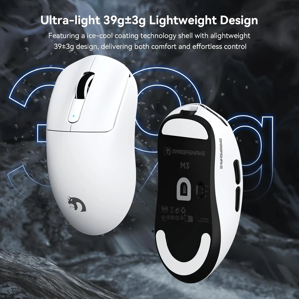 MAMBASNAKE belaidė žaidimų pelė 39 g, PixArt PAW3395PRO jutiklis, BT/2.4G/USB-C, balta, M3