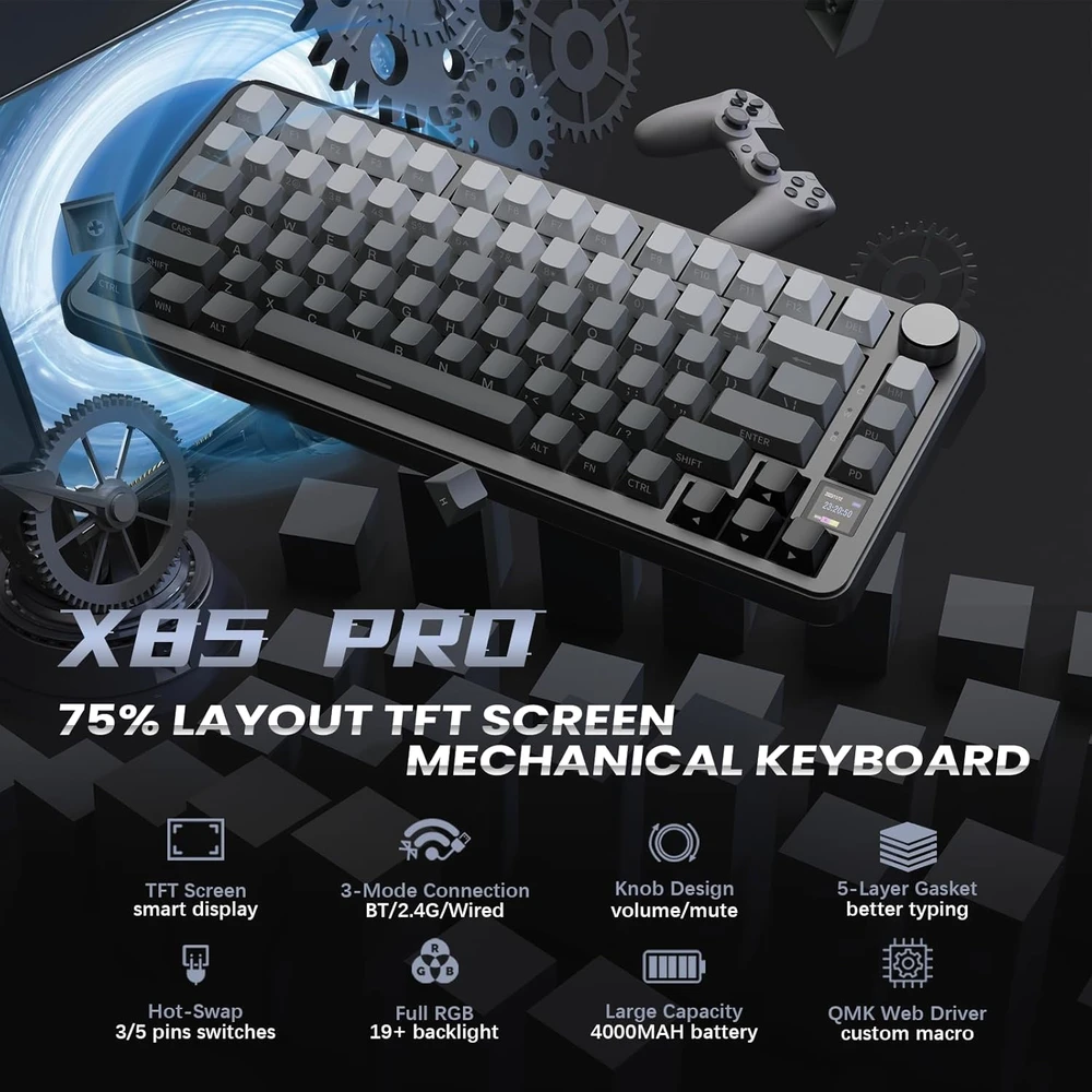 MAMBASNAKE mechaninė belaidė klaviatūra 75%, TFT ekranas, Bluetooth, RGB, X85PRO