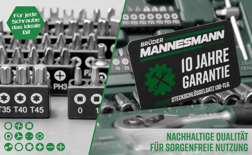 Mannesmann įrankių rinkinys su terkšlėmis ir antgaliais, 130 dalių, M29166