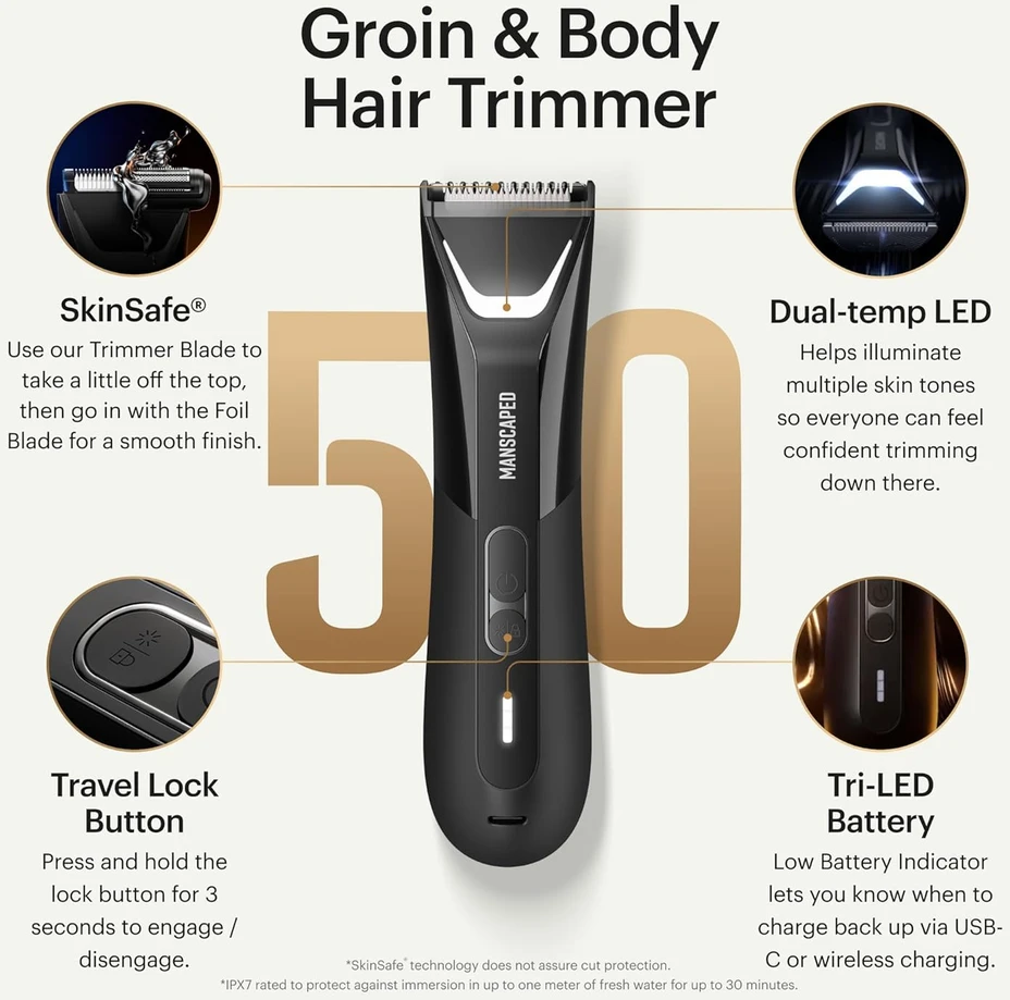 MANSCAPED kūno ir kirkšnių kirpimo mašinėlė su SkinSafe dviguba galvute, USB-C įkrovimas, Lawn Mower 5.0 Ultra