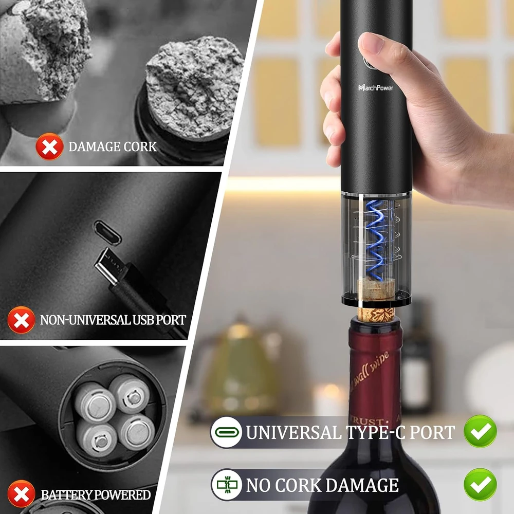 Marchpower elektrinis vyno kamščiatraukis 5 viename su USB-C įkrovimu