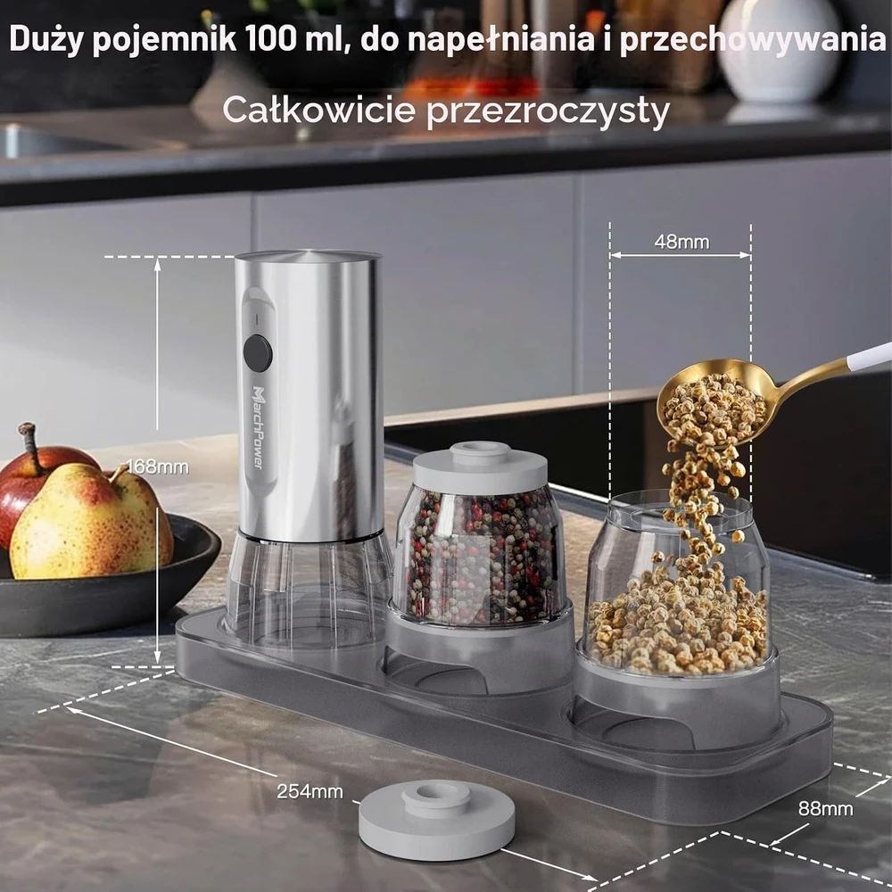Marchpower elektrinių druskos ir pipirų malūnėlių rinkinys su USB-C įkrovimu ir 100 ml talpa