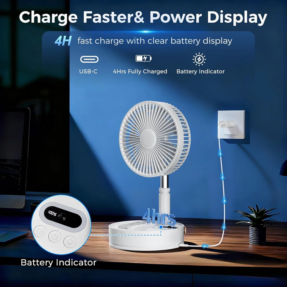Marchpower sulankstomas stalo ir grindų ventiliatorius su akumuliatoriumi, tylus veikimas, 4 greičių, 7200 mAh, 20 cm