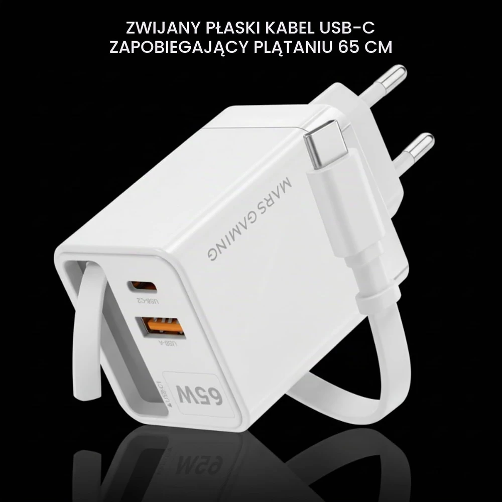 Mars Gaming MDGAN65RW 65 W GaN sieninis įkroviklis su USB-C ir USB-A jungtimis
