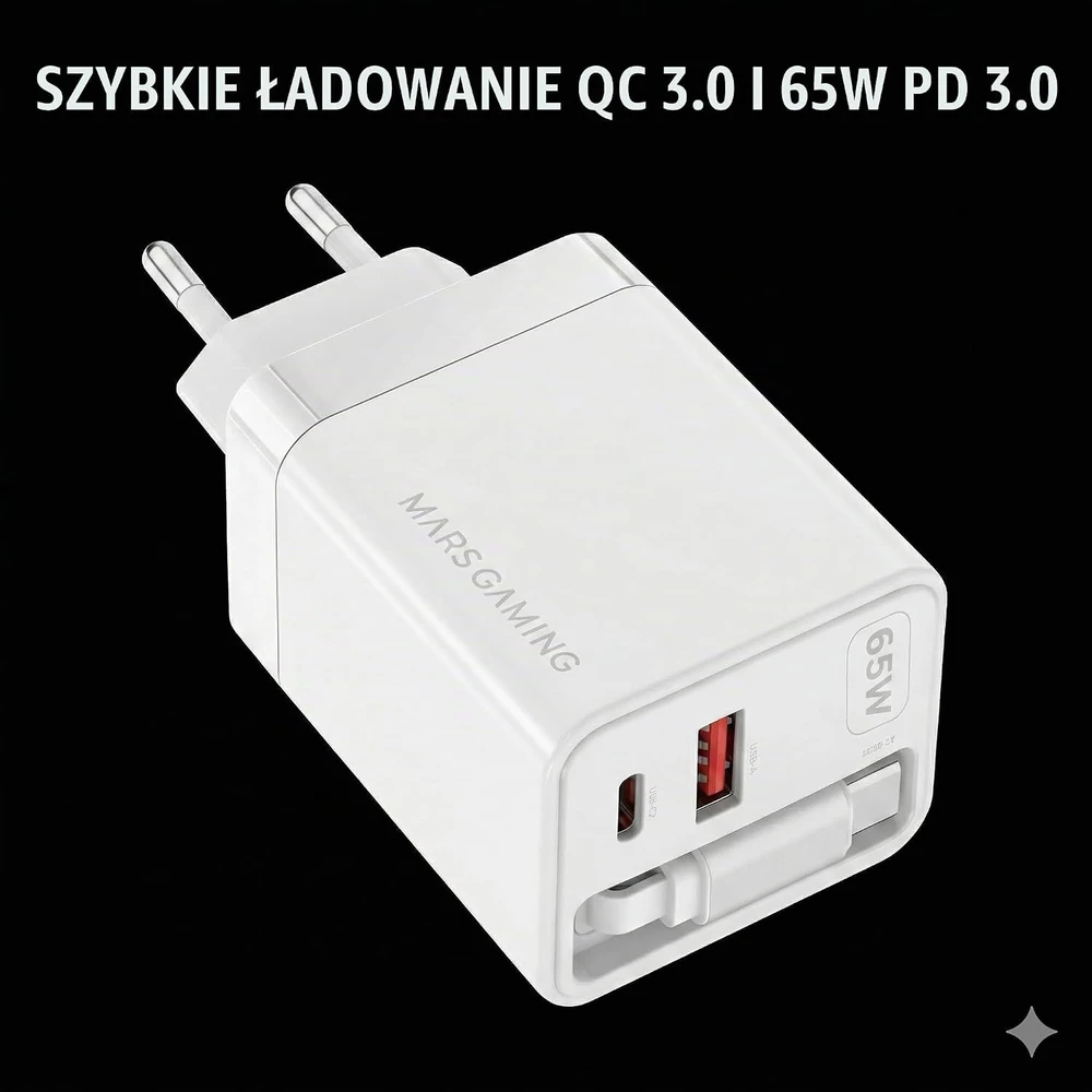 Mars Gaming MDGAN65RW 65 W GaN sieninis įkroviklis su USB-C ir USB-A jungtimis