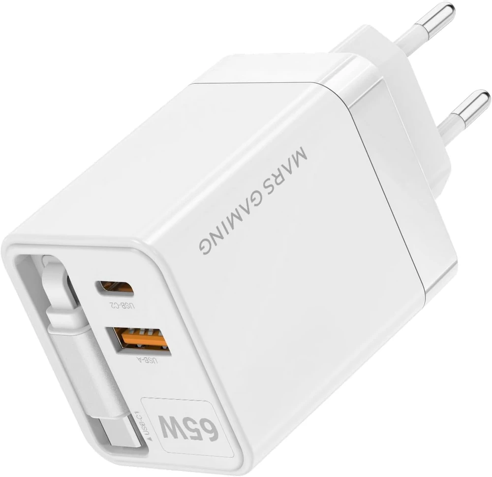 Mars Gaming MDGAN65RW 65 W GaN sieninis įkroviklis su USB-C ir USB-A jungtimis